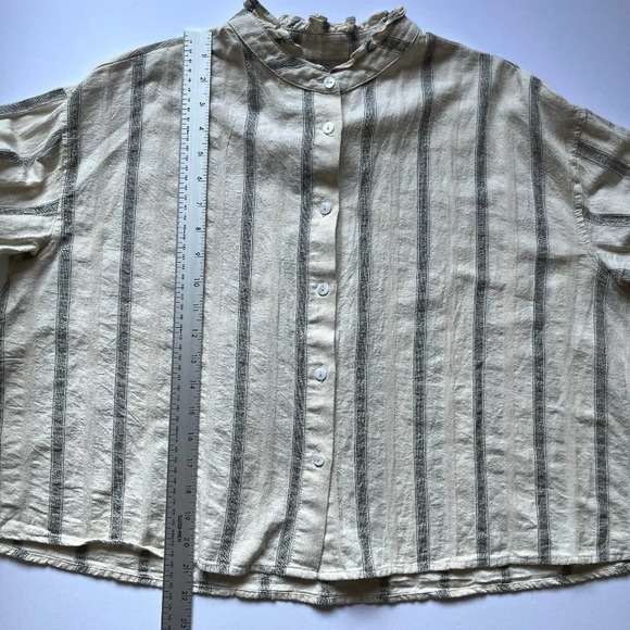 Mod Ref Striped Button Blouse Boxy  Relaxed Ruffle Collar Minimalist Cotton Sz M - Picture 7 of 14